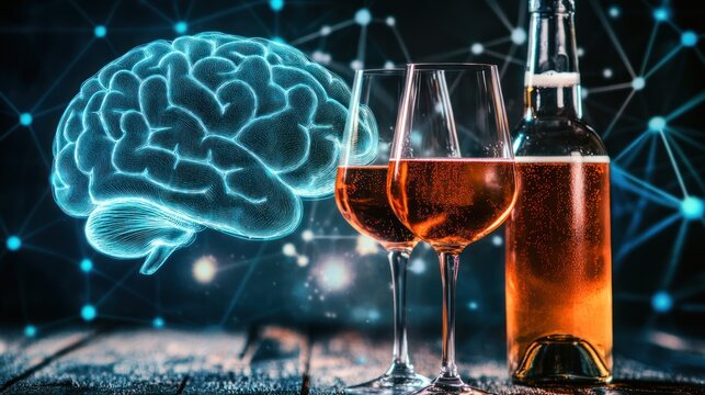 Mindful Brew: The photo showcases a mesmerizing juxtaposition of a human brain hologram and two glasses with a beer bottle, it depicts how alcohol affect the mind.