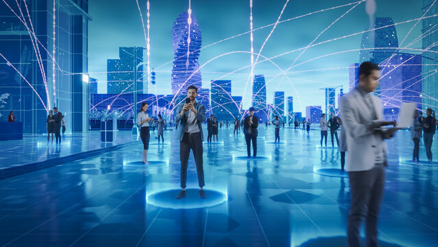 Futuristic Cityscape With Diverse Individuals Interacting Through Digital Devices, Connected by Glowing Data Streams, Illustrating Big Data, Machine Learning, and High-tech in Digital Communication.