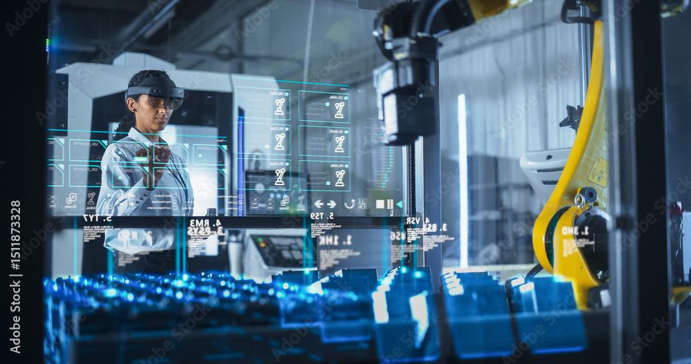 Leinwandbilder Engineer Wearing Augmented Reality Headset Operates Robotic Arm in a Factory, Interacting With Virtual Controls on a Transparent Holographic Interface. Advanced Machinery and Digital Displays.
