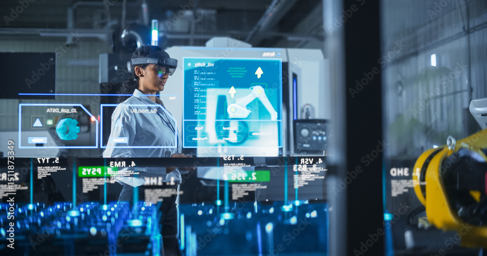 Fototapete engineer wearing augmented reality headset operates robotic arm in a factory, interacting with virtu