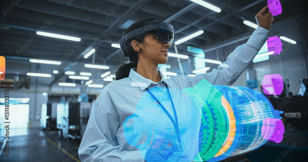 Leinwandbilder Female Engineer in VR Headset Designs a 3d Engine Model in a High-tech Factory, Interacting With Virtual Components and Digital Interfaces. Holographic Displays Futuristic Enginnering Concept