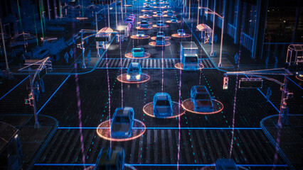 Futuristic City Intersection at With Cars on Glowing with Information. Neon Grid Lines and Digital Pathways Visualization of Data Transfer. Autonomous Cars Navigate the Complex Traffic System
