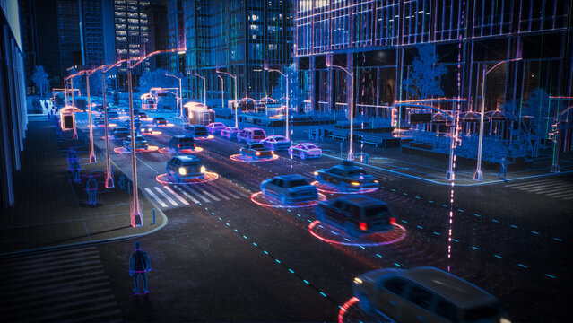 Aerial View: Digital Twin Computer Vision of City. Autonomous Self Driving Cars Moving Through Streets. Animated Scanning Visualization Concept: AI Digitalizes and Analyzes Roads and Pedestrians