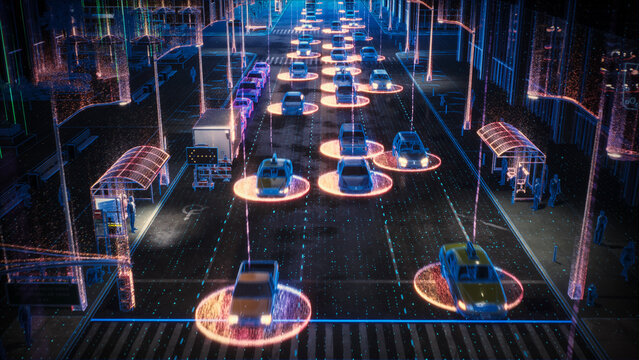 Aerial View: Digital Twin Computer Vision of City. Autonomous Self Driving Cars Moving Through Streets. Animated Scanning Visualization Concept: AI Digitalizes and Analyzes Roads and Pedestrians