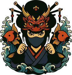 Samurai Geisha Warrior with Dragon Mask, Koi Fish and Ocean Waves – Japanese Tattoo Style Vector