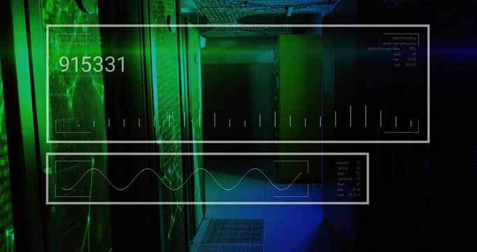 Scanning interface activating at start, displaying changing metrics visualizing server performance