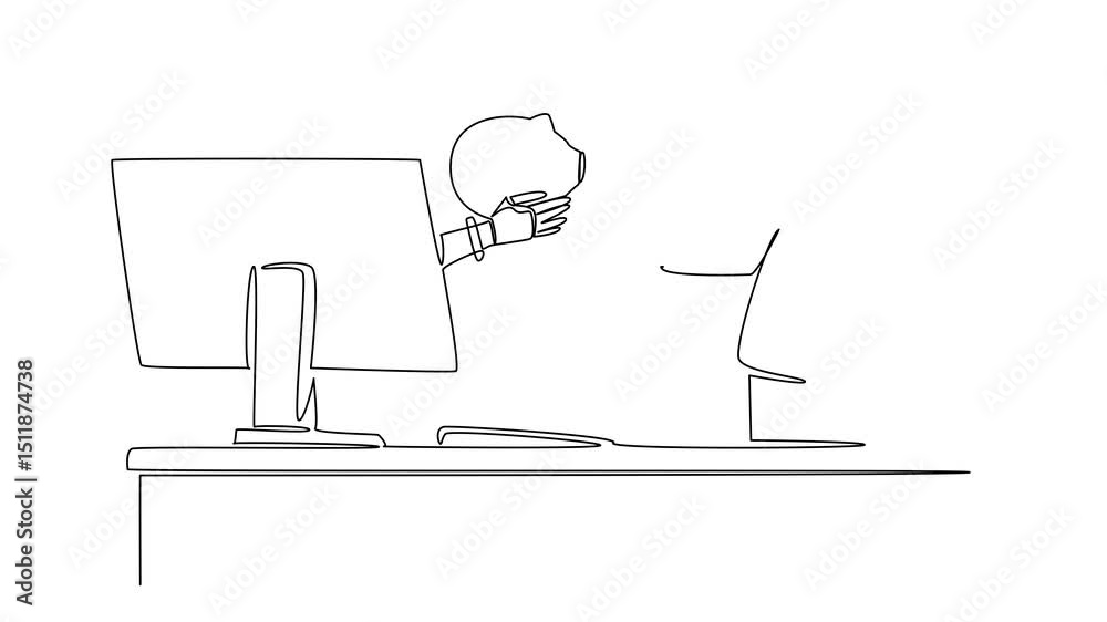 Poster self drawing animation of single one line drawing hand of robot out from monitor screen holding a sa