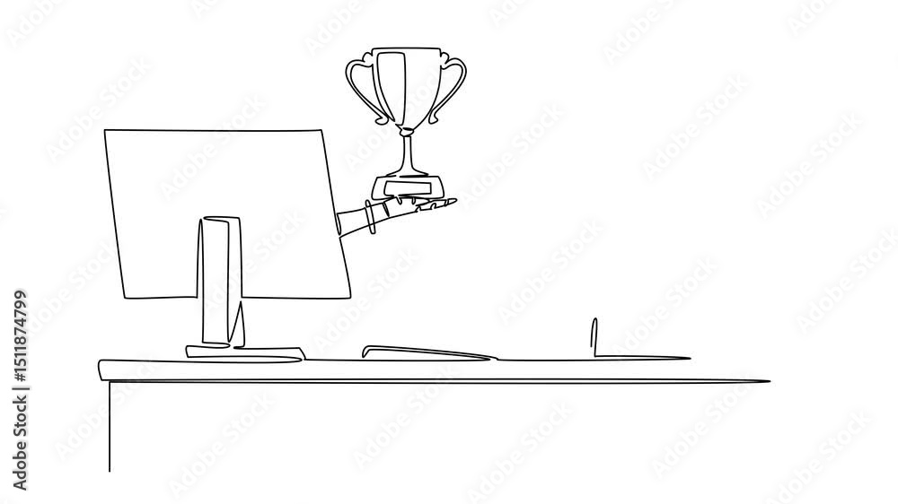 Poster self drawing animation of continuous line drawing hand of robot out from monitor screen while holdin