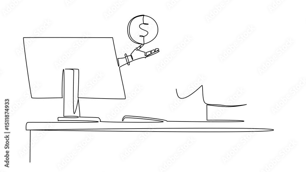 Aufkleber animation of single continuous line drawing hand of robot out of monitor screen while holding penny.