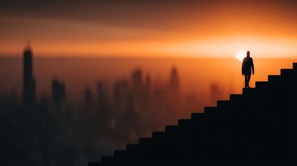 Lone figure on stairs with city skyline at sunset