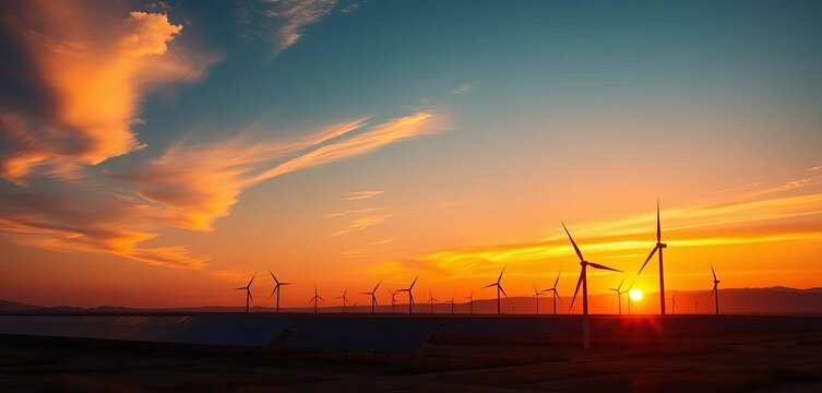 Sunset silhouettes of solar panels and wind turbines on a vast landscape, alternative, sunset