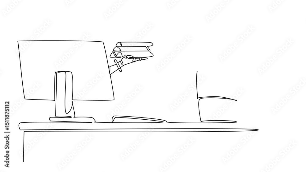 Poster self line drawing of robot hand out of monitor screen while holding gold stack. multiple benefits of