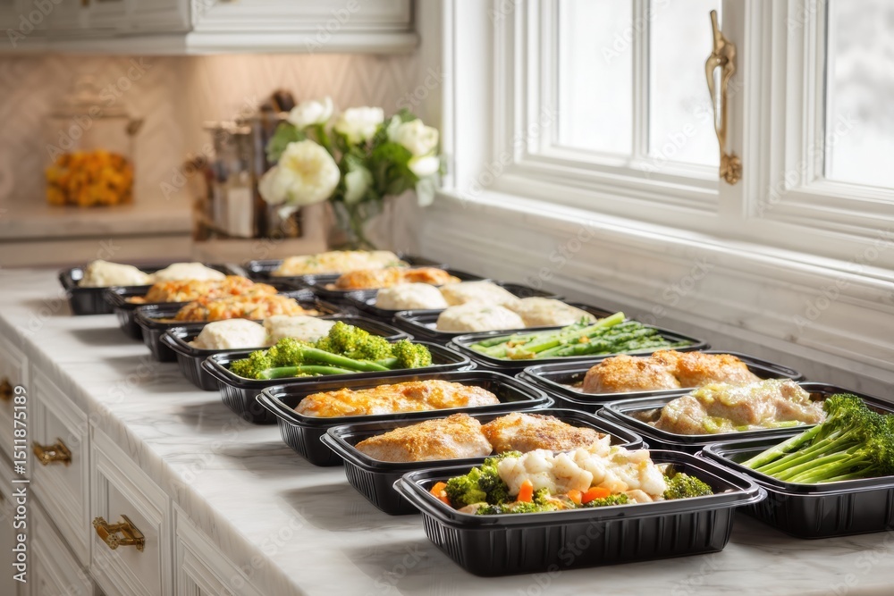 Poster frozen entrees arranged on a clean kitchen counter with soft lighting and a touch of elegance
