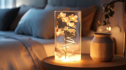 A clear cylindrical vase with integrated LED lights forming a spiral within, highlighting the water and submerged flower stems, glowing subtly on a wooden nightstand in a softly lit bedroom at dusk.