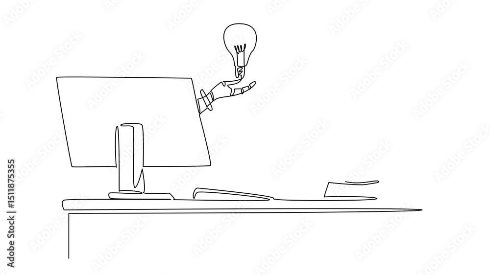 Poster animated self drawing of continuous line drawing hand of robot out of monitor screen while holding a