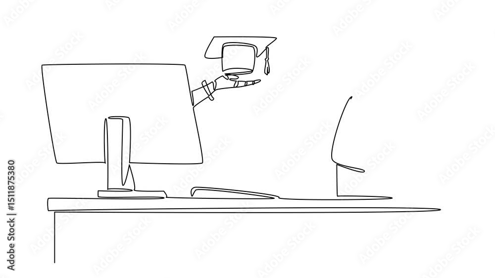 Poster animation of single continuous line drawing hand of robot out of monitor screen while holding gradua