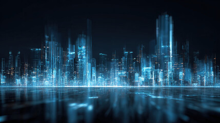 Abstract futuristic cityscape with holographic data displays, blue neon lights, high-tech vibe, no people