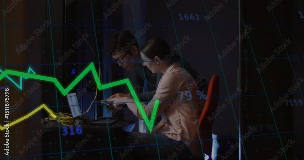 Poster tech analyst typing laptop engineer pointing tablet overlaying line-graphs analyzing data spikes