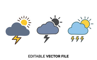 Dynamic Weather Icons Vector Set, Sun Cloud Lightning Symbols for Forecasts and Applications, Editable Digital Graphics File