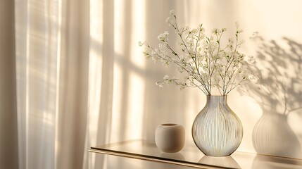 A contemporary home interior with a glass shelf holding a minimalist outline vase, made of a thin brass wire frame in the shape of a classic urn, softly backlit by natural light from a nearby window.