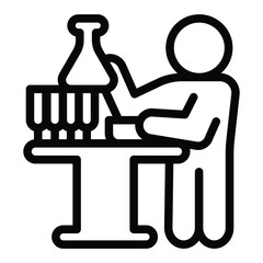 Scientist with glass beaker on table line icon, pharmacy concept. Vector graphics. Worker with flasks sign on white background, style for mobile or design.