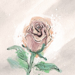Watercolor trendy stylish rose on a textured beige background, hand-drawn illustration. Sticker, postcard, sketch, watercolor flower, rose