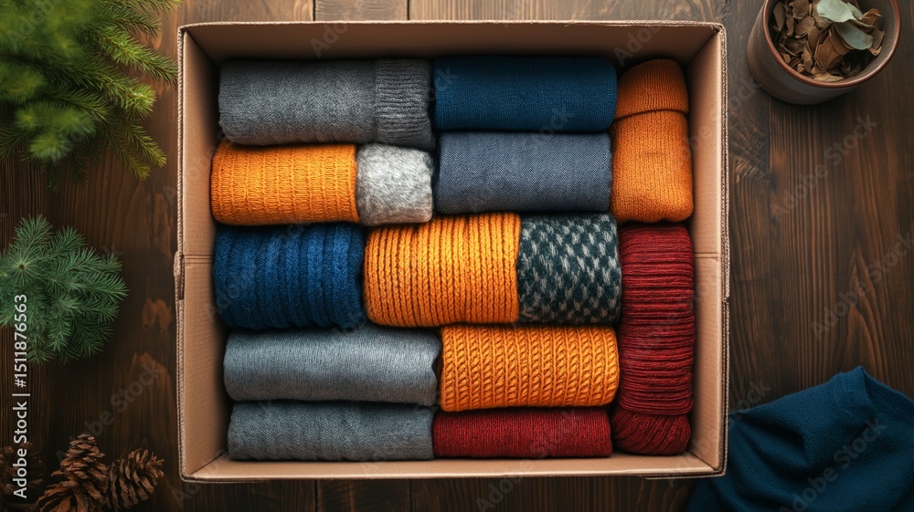 Leinwandbilder neatly arranged colorful sweaters are folded in a box on a rustic wooden surface.