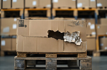 Damaged cardboard box on pallet warehouse. Torn box with a visible hole shows product damage, broken goods. Logistic, delivery issues, packaging failure, insurance claim concept.