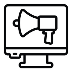 Monitor screen with loudspeaker line icon, design recruitment concept. Vector graphics. Display with marketing research sign on white background, style mobile or design.