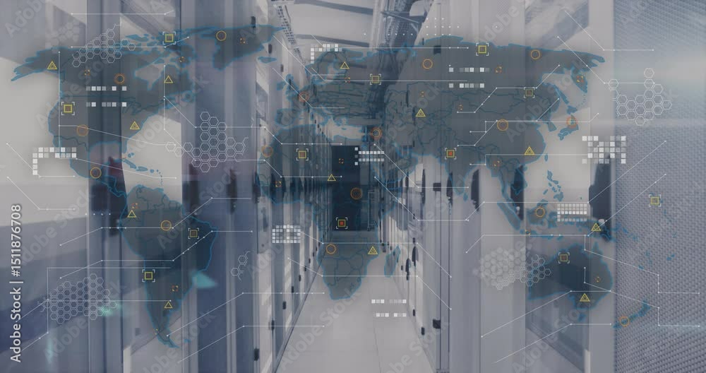 Poster camera panning initiating world map fading over racks, nodes pulsing visualizing global data flow