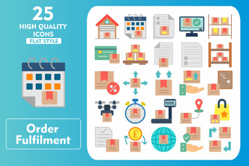 Order Fulfilment Flat Icon Set. Incleded Icons Warehouse, Calendar, Form, Online Order, Inventory, Credit Card, Pallet, Paper, Document. Vector Icons Collection
