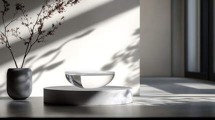 A levitating vase design showcased in a high-end interior, suspended subtly by a clear stand hidden beneath shadows, casting a faint soft shadow on a matte ceramic table.