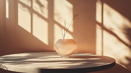 A levitating vase design showcased in a high-end interior, suspended subtly by a clear stand hidden beneath shadows, casting a faint soft shadow on a matte ceramic table.