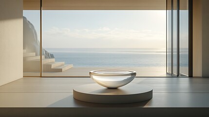 A levitating vase design showcased in a high-end interior, suspended subtly by a clear stand hidden beneath shadows, casting a faint soft shadow on a matte ceramic table.