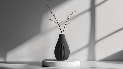 A matte black ceramic vase with sharp faceted surfaces and a sleek angular silhouette, placed on a marble pedestal in a minimalist studio with soft directional lighting casting geometric shadows.