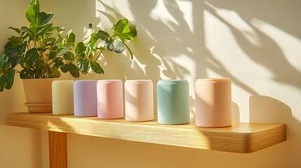 A lineup of silicone-coated vases in pastel rainbow colors (mint, blush, peach, lilac), arranged on a floating wooden shelf,