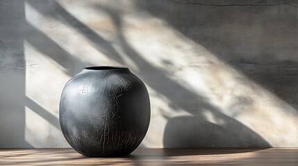 A matte black blocky ceramic vase with stone-like texture and subtle cracks, set on a wooden table near a concrete wall, early morning light creating long shadows and emphasizing volume.