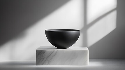 A matte black ceramic vase with sharp faceted surfaces and a sleek angular silhouette, placed on a marble pedestal in a minimalist studio with soft directional lighting casting geometric shadows.
