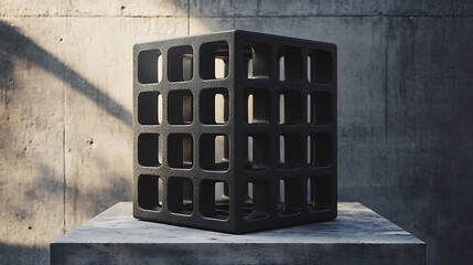 A matte black steel grid-structured vase in a square form, composed of interlocking frames, showcased on a concrete slab against a raw industrial wall,