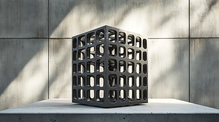 A matte black steel grid-structured vase in a square form, composed of interlocking frames, showcased on a concrete slab against a raw industrial wall,