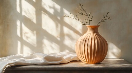 A matte terracotta vase with pleated folds resembling soft fabric, set on a rustic wooden table with a linen cloth, morning sunlight streaming in through a window,