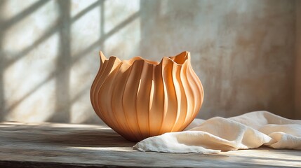 A matte terracotta vase with pleated folds resembling soft fabric, set on a rustic wooden table with a linen cloth, morning sunlight streaming in through a window,
