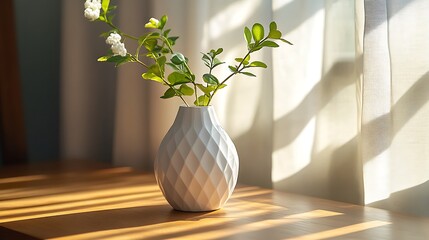 A minimalist scene with a white faceted vase centered on a walnut table, backlit by soft diffuse window light, surrounded by clean negative space in a Scandinavian-inspired interior.