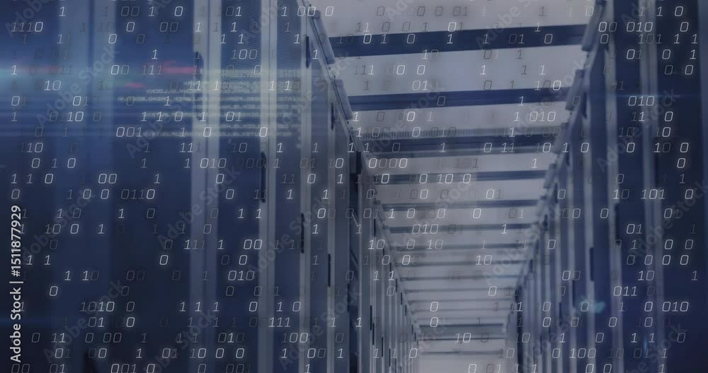 Poster when binary digits appearing triggers camera advancing down server aisle visualizing data flow