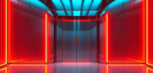 Sleek metallic door, vibrant orange neon frame, futuristic design, frame, design