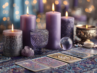 Elegant Tarot Table with Candles, Crystals, and Cards