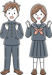 ガッツポーズの制服姿の男女の学生のイラスト　全身