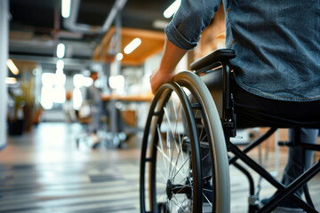 Man in a wheelchair in a compact office, working  in professional atmosphere