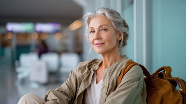 Happy mature woman with backpack waiting in airport lobby. Active senior female traveler looking at camera with content expression.