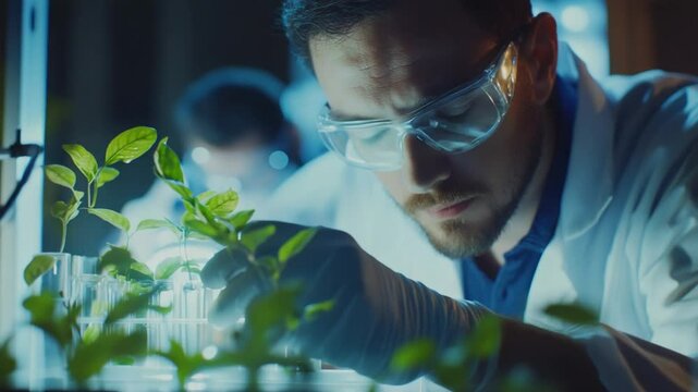 Scientist analyzing seedlings in a laboratory for agriculture advancements